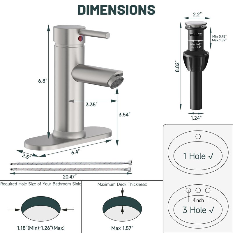 Green Spring Brushed Nickel Bathroom Faucet, Greenspring 1 Hole Bathroom Sink Faucet, Single Handle Aerator Spout Lavatory Vanity Sink Faucet with Pop Up Drain and Overflow Mixer Tap Supply Line, Brass - Image 2